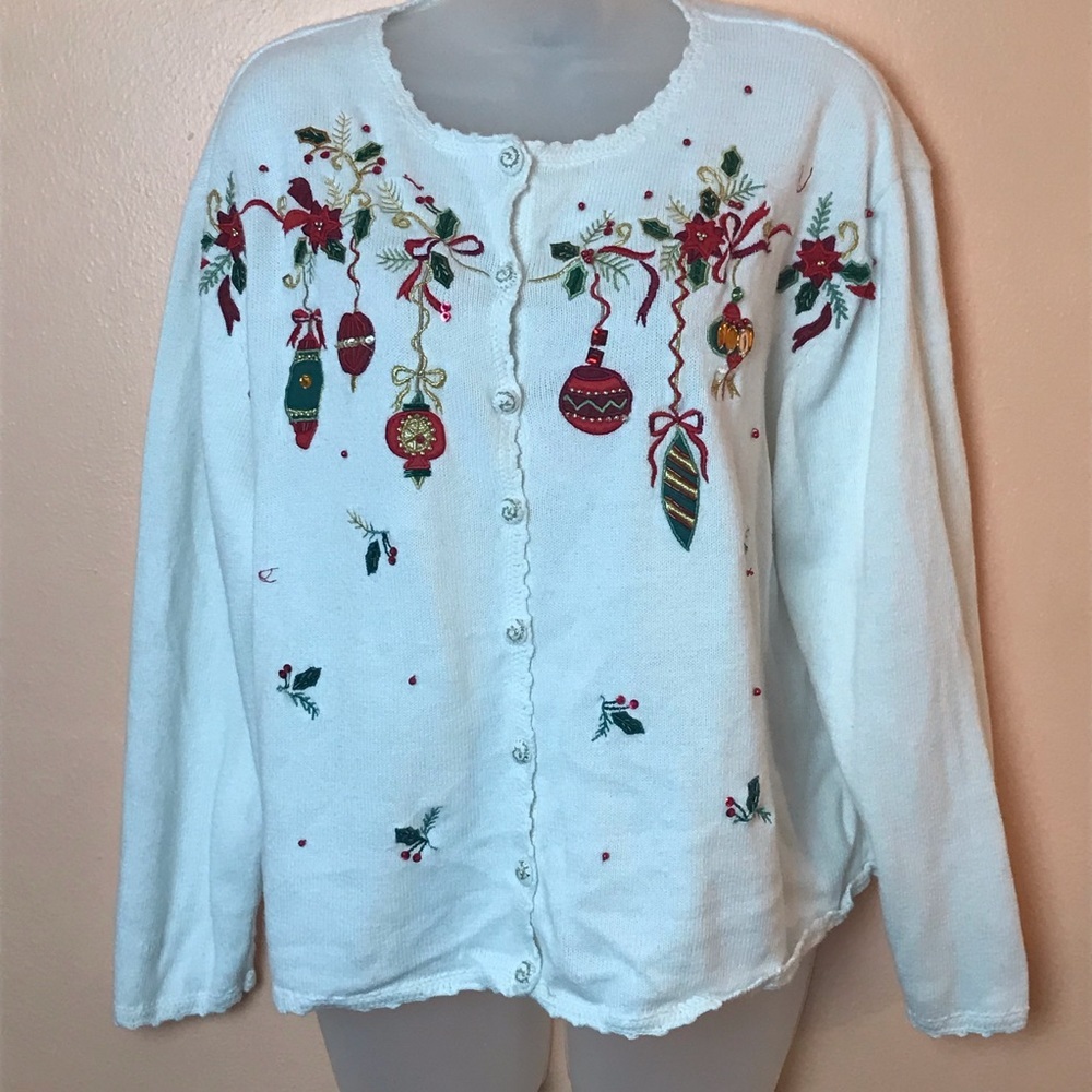 Heirloom Collectibles White Beaded Ornament Christmas Holiday Cardigan Women L